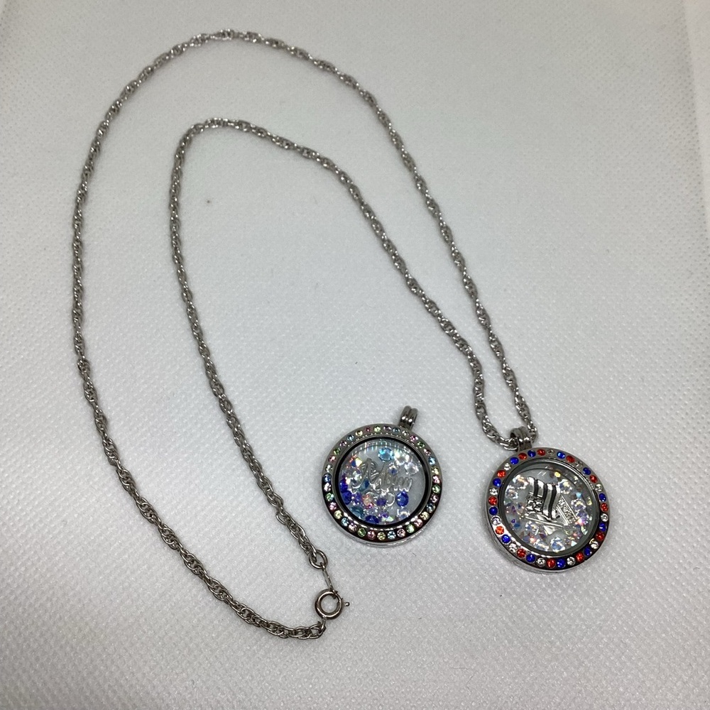 2 Floating Rhinestone Charms lockets with 24” Silver tone Chain